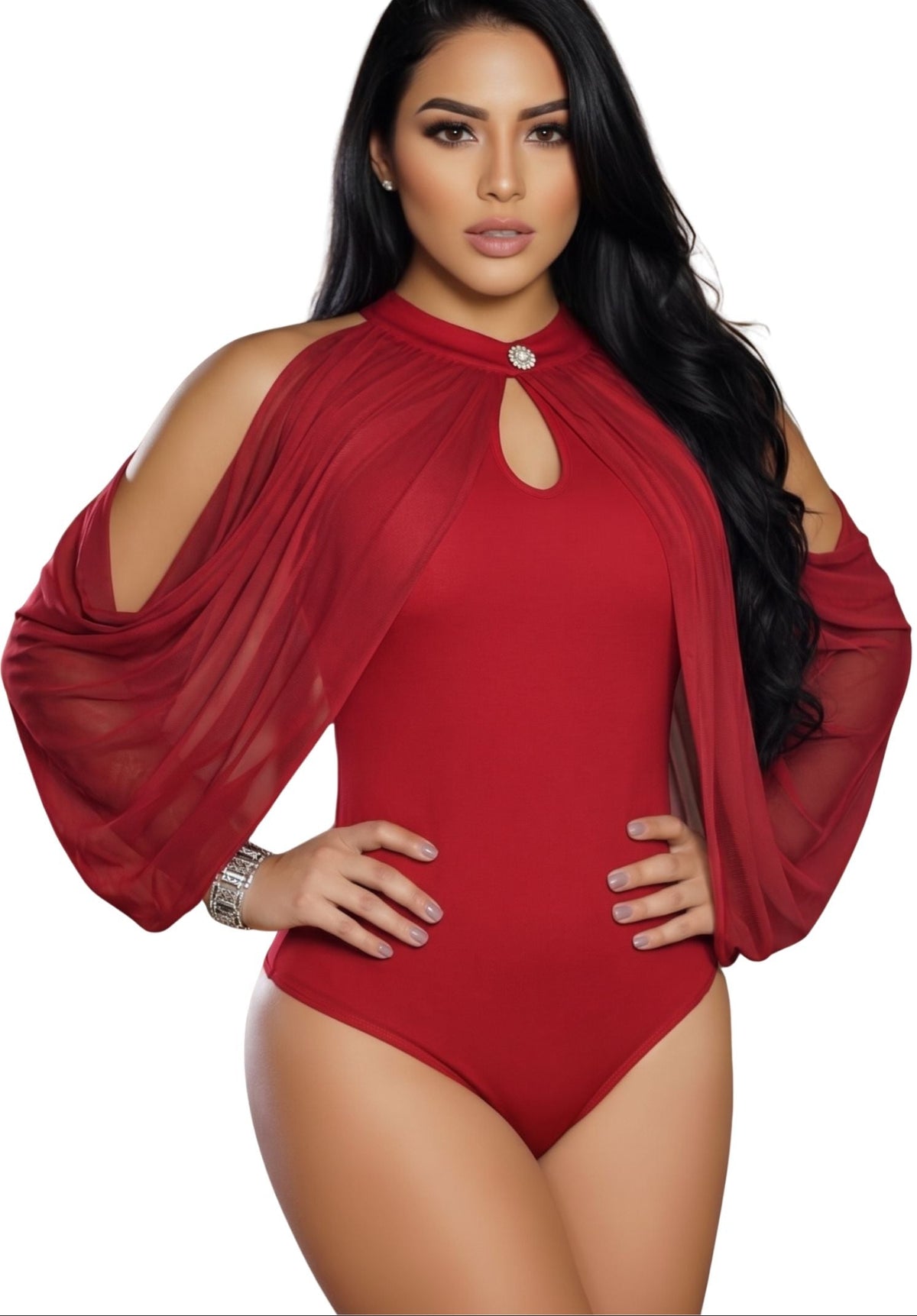 Colombian White Cold-Shoulder Drape Sleeve Body Slimmer 7696